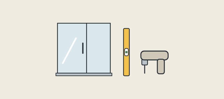 Illustration: a glass shower enclosure beside a spirit level and a drill
