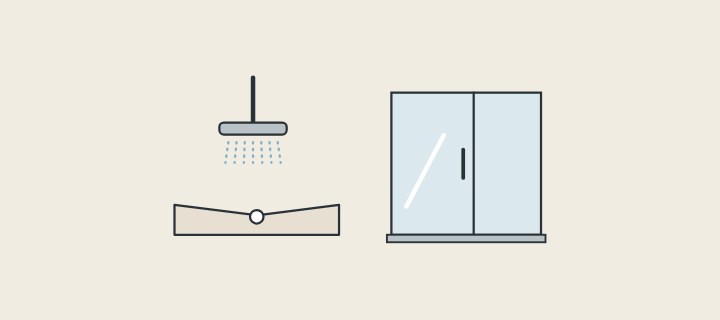 Illustration: an open shower floor with a drain beside a glass shower enclosure