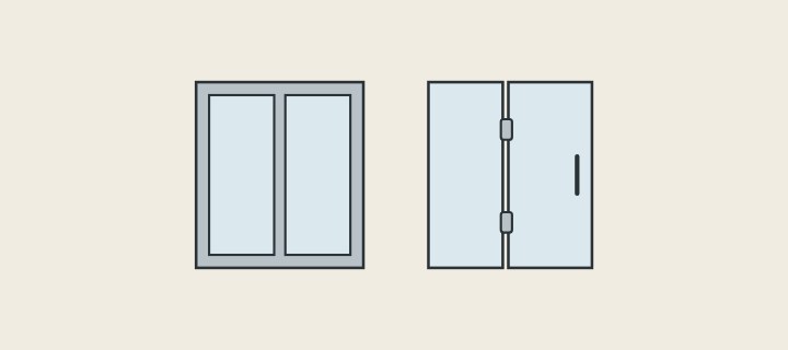 Illustration: a framed shower door with a metal surround beside a frameless glass door with hinges