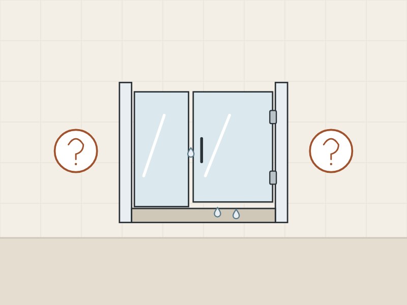 Illustration of a glass shower door with drops at its gaps between two question marks