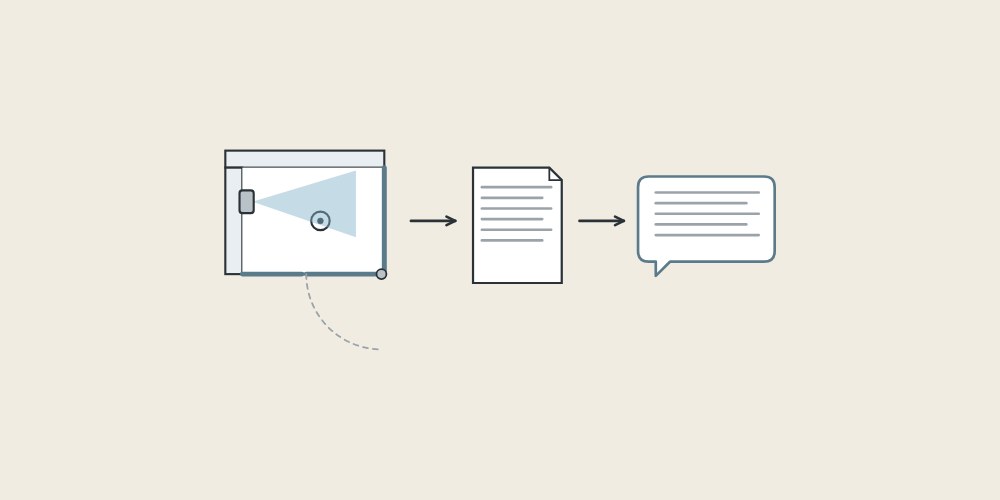 Illustration of a shower plan, a document and a message bubble linked by arrows
