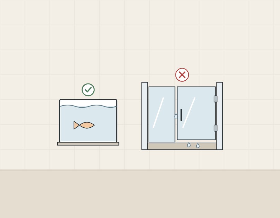 Illustration of a glass tank holding water beside a glass shower door with drops at its gaps