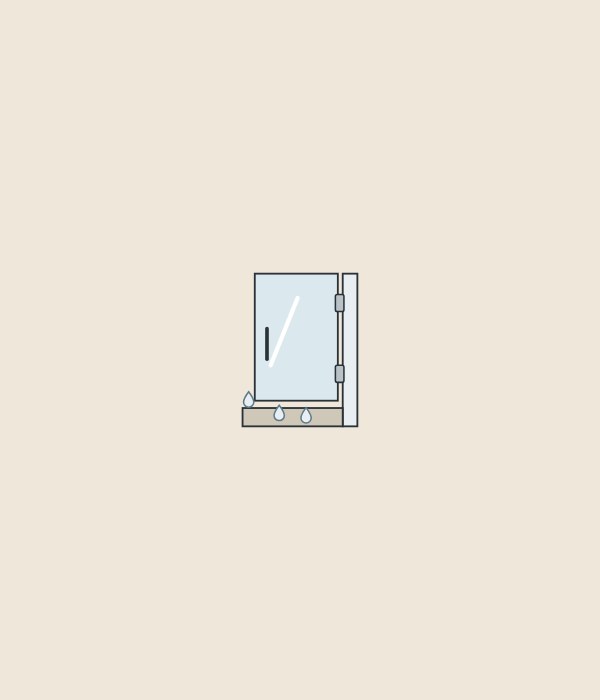 Illustration of a hinged glass shower door on a curb with water drops at the gap under it