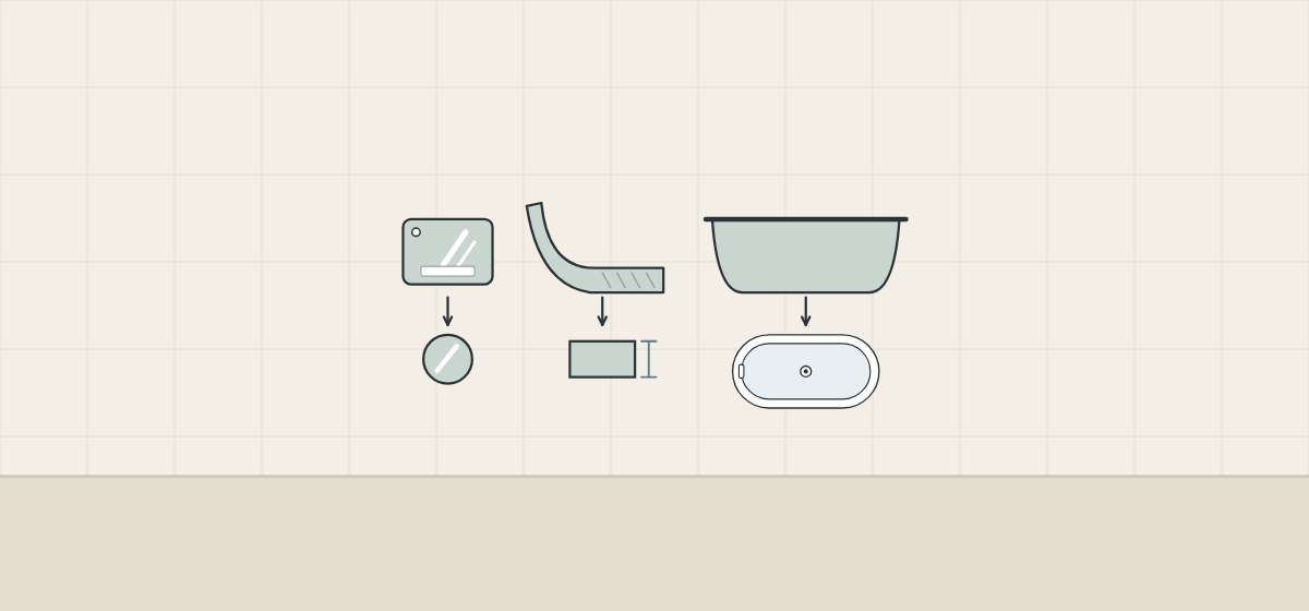 Illustration of a chip above a color swatch, a cut section above a thickness mark and a tub above a top view with drain and overflow