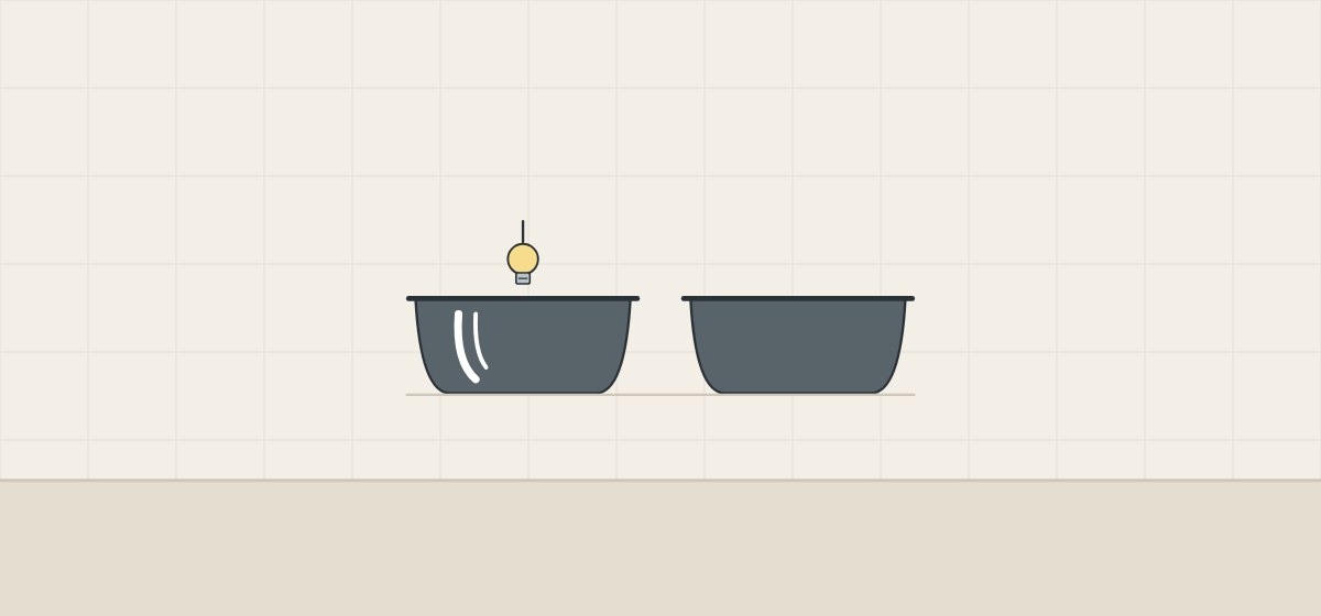 Illustration of two dark tubs, one with bright reflections under a light and one with an even non-reflective face