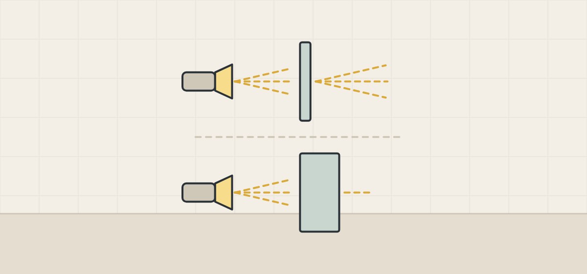 Illustration of a lamp shining through a thin piece of translucent material and through a thick piece that passes less light
