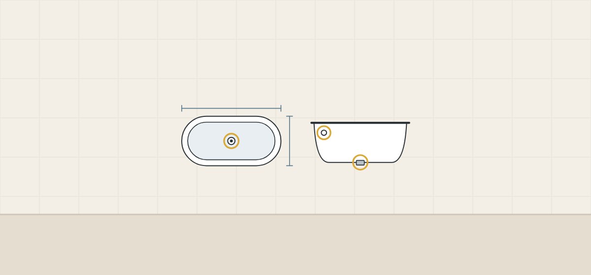 Illustration of a tub seen from above with dimension lines and its drain, beside a side view with the overflow marked on the wall and the drain at the bottom