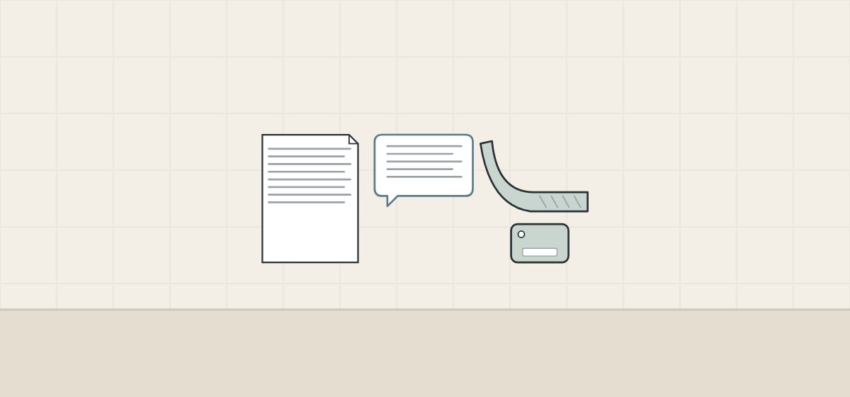 Illustration of a request document, a message bubble, a cut wall section and a chip