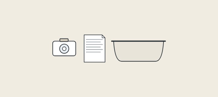 Illustration of a camera, a document and a tub in a row