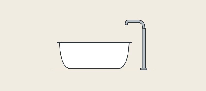 Illustration of a freestanding tub on a floor with a floor-standing filler