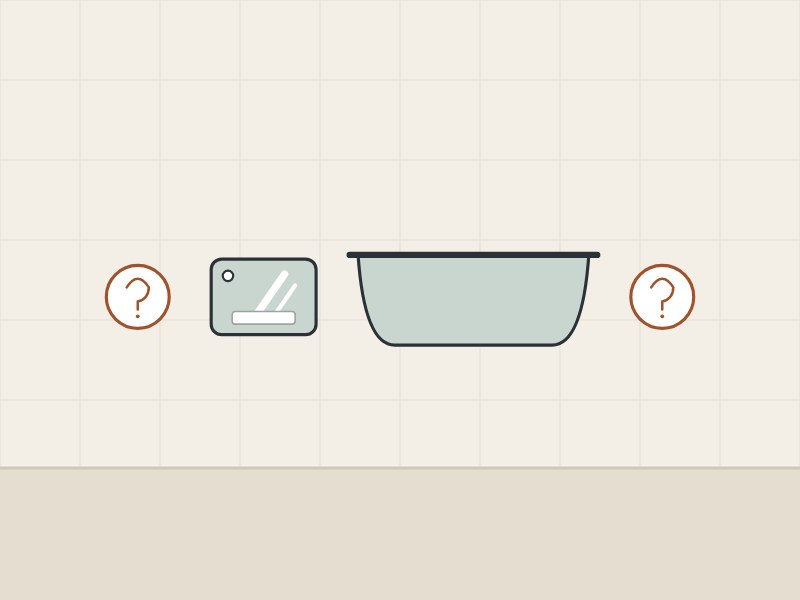 Illustration of a sample chip and a tub between two question marks