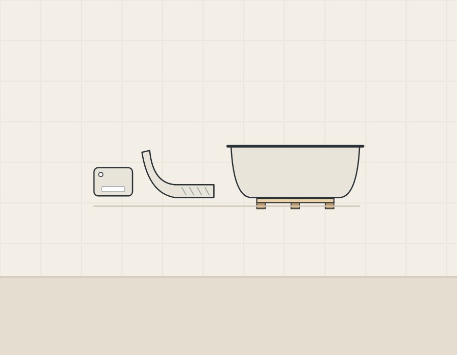 Illustration of a small chip, a cut wall section and a full tub on a pallet in a row of growing size