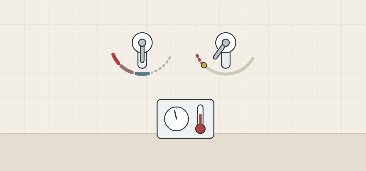 Illustration of a cold-start faucet, a lever held by a stop pin and a thermostat plate with dial and thermometer