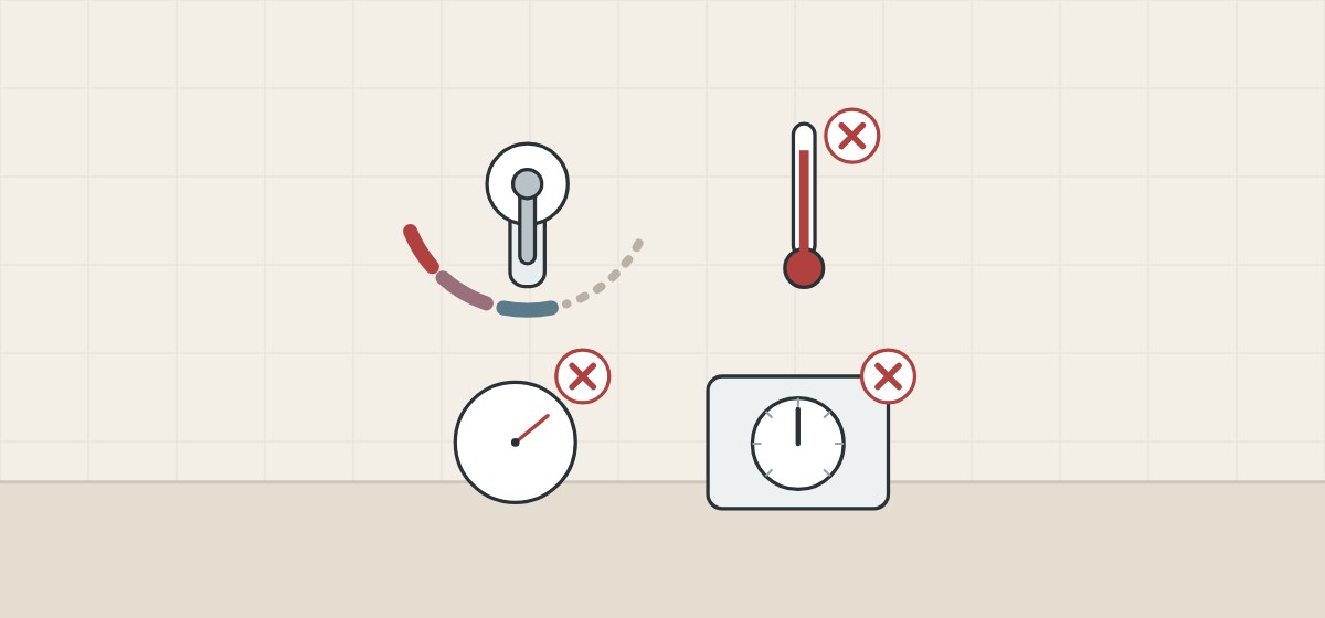 Illustration of a cold-start handle beside a crossed-out thermometer, thermostat plate and flow gauge