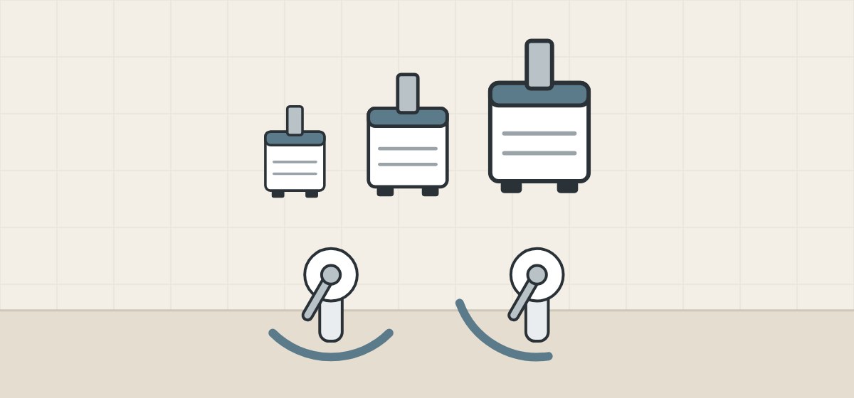 Illustration of three cartridges of different sizes above two handles with different arcs of lever travel