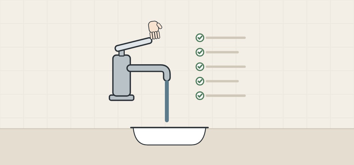 Illustration of a hand on a faucet lever running a cold stream into a basin beside a ticked checklist
