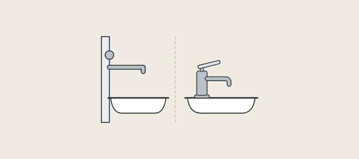 Illustration: a spout coming out of a wall above a basin beside a faucet standing on a basin deck