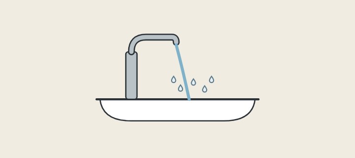 Illustration: a faucet stream landing in a shallow basin with droplets splashing out