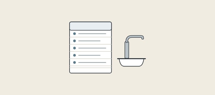 Illustration: a specification sheet with listed rows beside a faucet on a basin