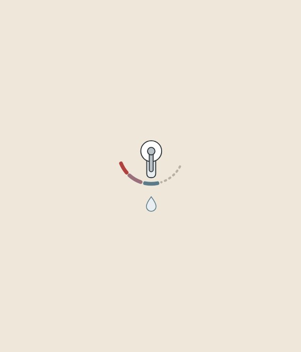 Illustration of a single-lever faucet seen from above, its lever at the center of a cold zone, with one water drop