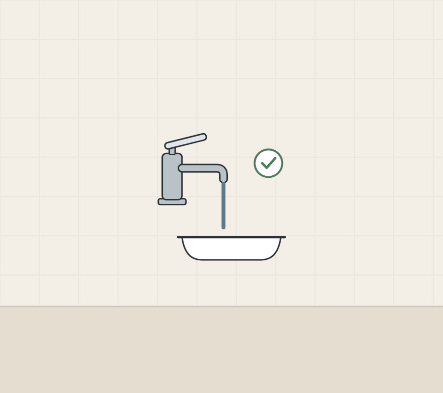 Illustration of a faucet running a cold stream into a basin, with a tick