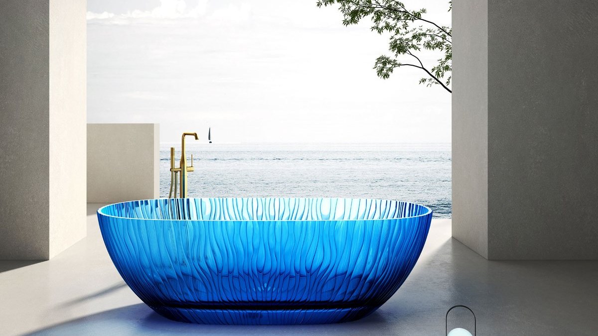 A translucent colored freestanding solid surface bathtub