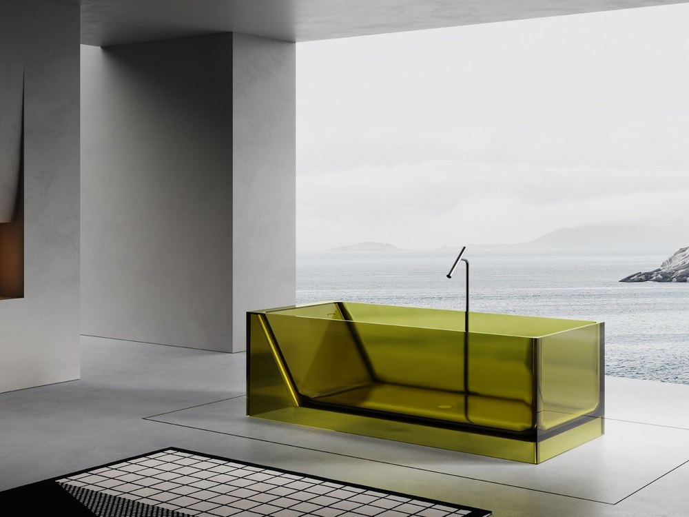 A translucent colored built-in bathtub