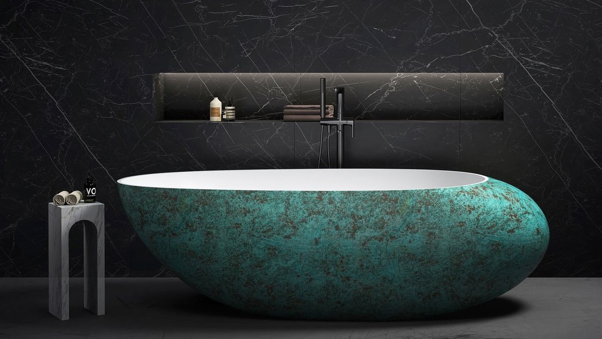 A colored solid surface bathtub