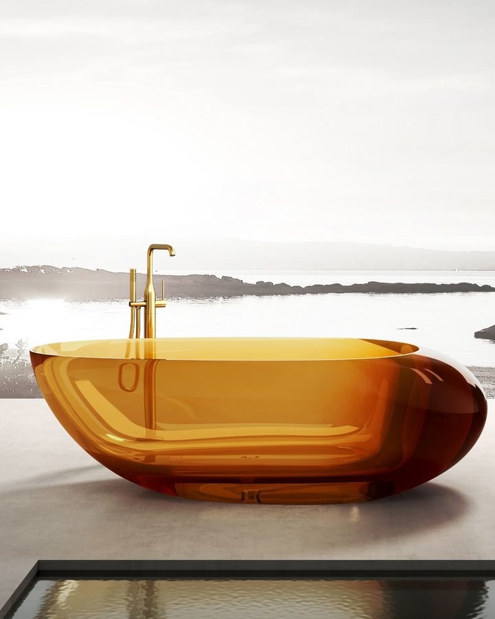A translucent colored bathtub in a spa setting