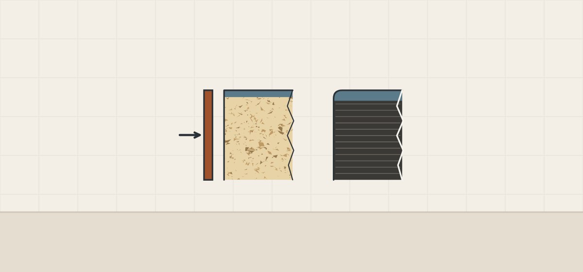 Illustration of a faced board corner with a band being applied to its exposed core beside a compact panel corner with a dark layered edge