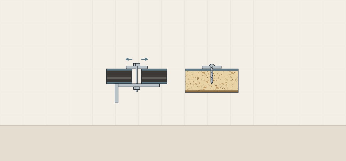 Illustration of a compact panel with an oversized pass-through hole, washer, bolt and bracket beside a faced board with a plate screwed into its core