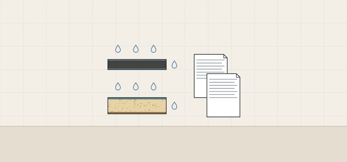 Illustration of a compact panel section and a faced board section with water drops at the face and edge, beside two data sheets