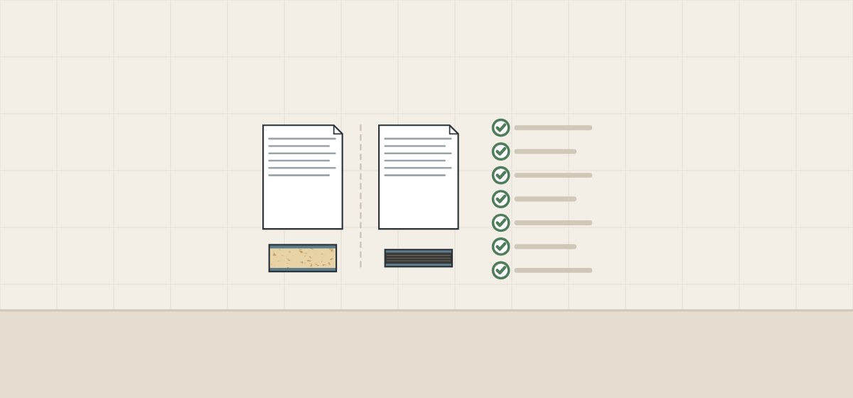 Illustration of two quotation sheets above a faced board section and a compact panel section, beside a checklist of seven checked lines