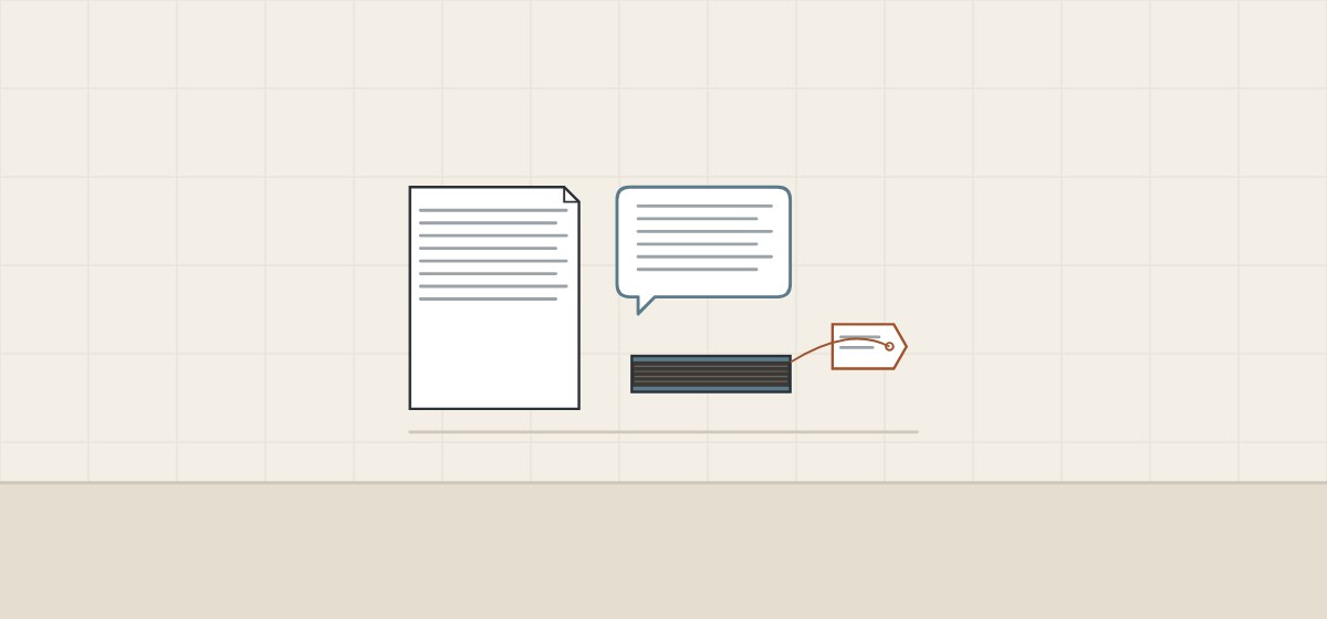 Illustration of a document, a message bubble and a cut panel sample with a tag