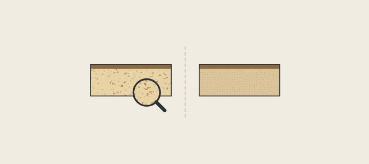 Illustration: two board edges, one with a chip core under a magnifier and one with a fine fiber core