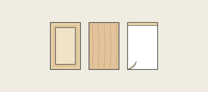 Illustration: three cabinet doors side by side: a framed panel, a solid slab with grain and a veneered door with a lifted corner