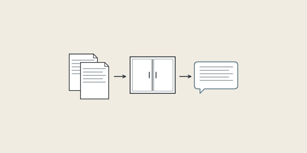 Illustration of two quotation sheets, a cabinet front and a message bubble linked by arrows