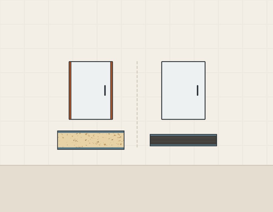 Illustration of two similar door fronts, one above a faced board section and one above a compact panel section