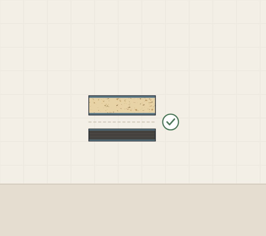 Illustration of a faced board section above a compact panel section with a check mark