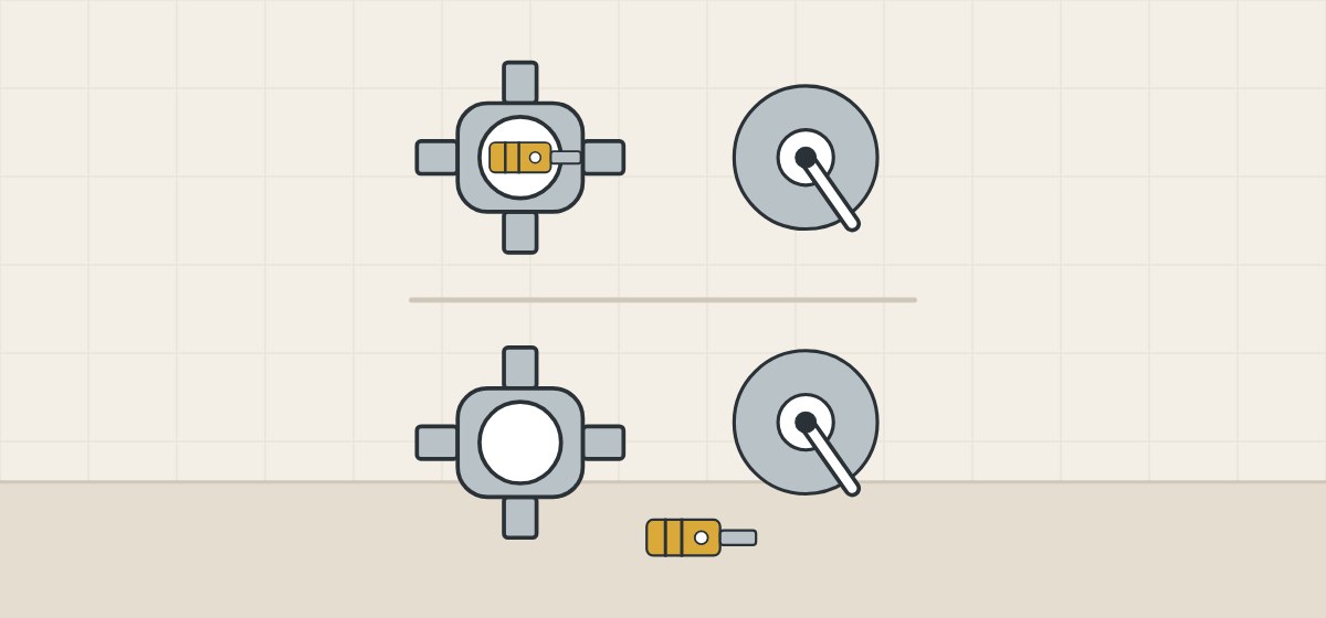 Illustration of a cartridge inside a valve body in the top row and beside the trim in the bottom row