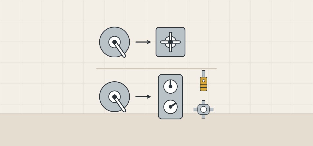 Illustration of a like-for-like trim swap beside a swap to a two-control trim with a cartridge and a second valve body