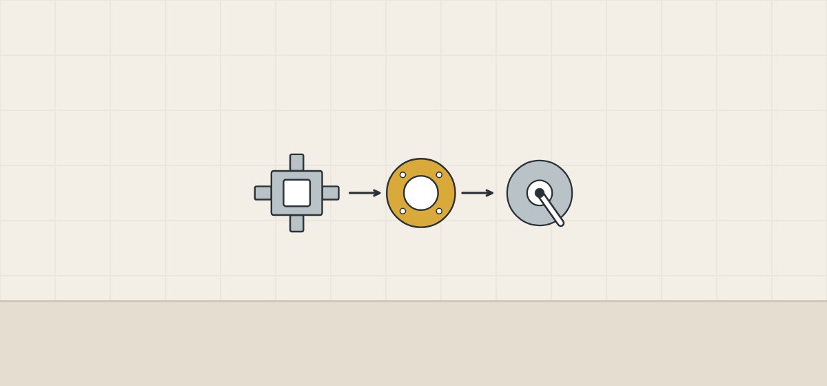 Illustration of an older valve body, an adapter plate and a new round trim in a row