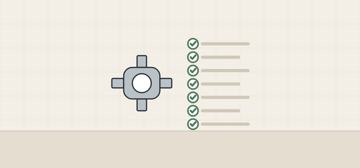 Illustration of a valve body beside a checklist of seven ticked lines