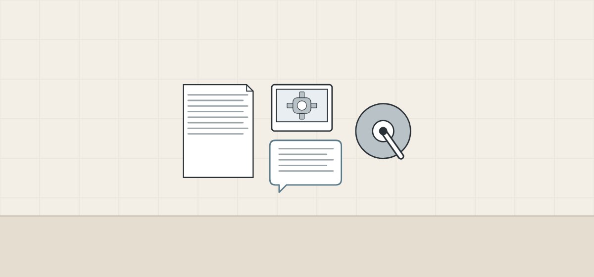 Illustration of a document, a photo of a valve body, a message bubble and a trim