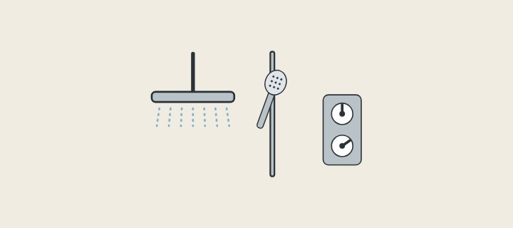 Illustration: an overhead shower, a rail with a hand shower and a two-control trim