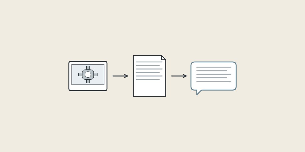 Illustration of a photo of a valve body, a document and a message bubble linked by arrows