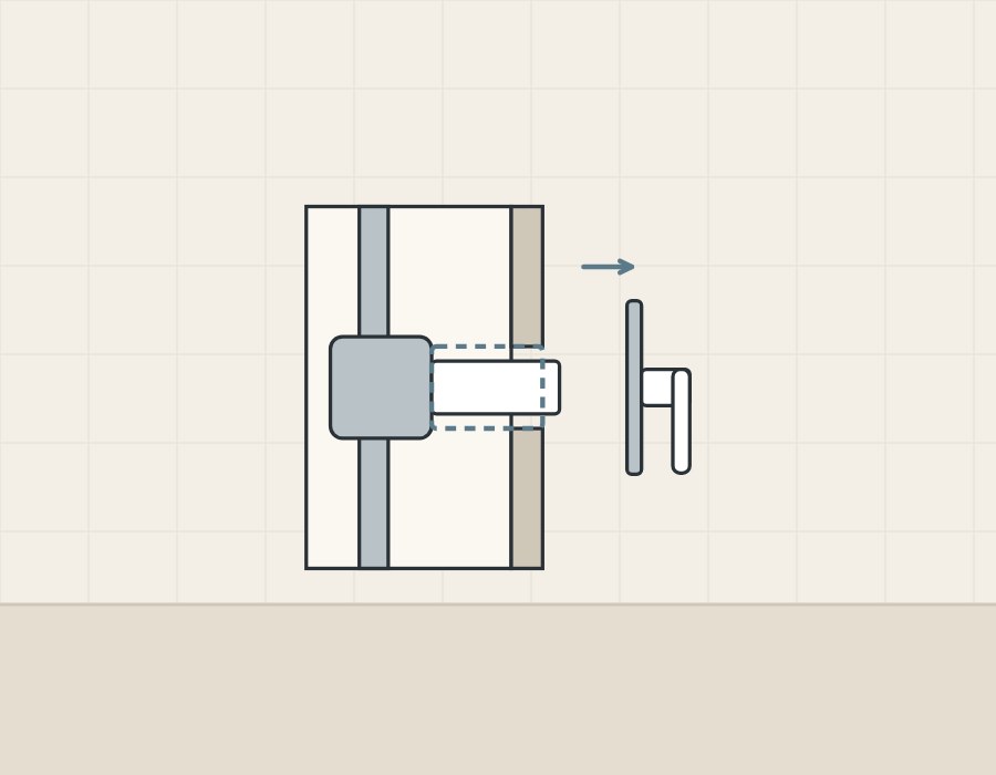 Illustration of a wall in section with a valve body inside and a trim plate with a lever in front of the wall face