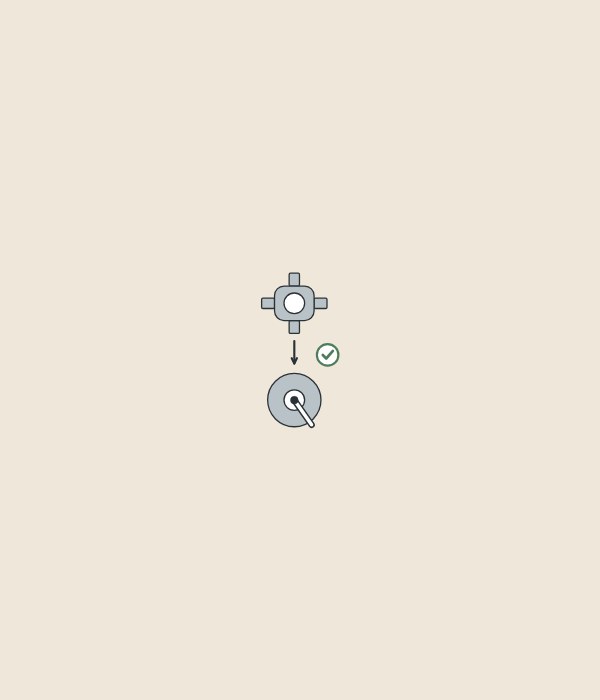 Illustration of a valve body above a round trim plate, joined by an arrow and a tick