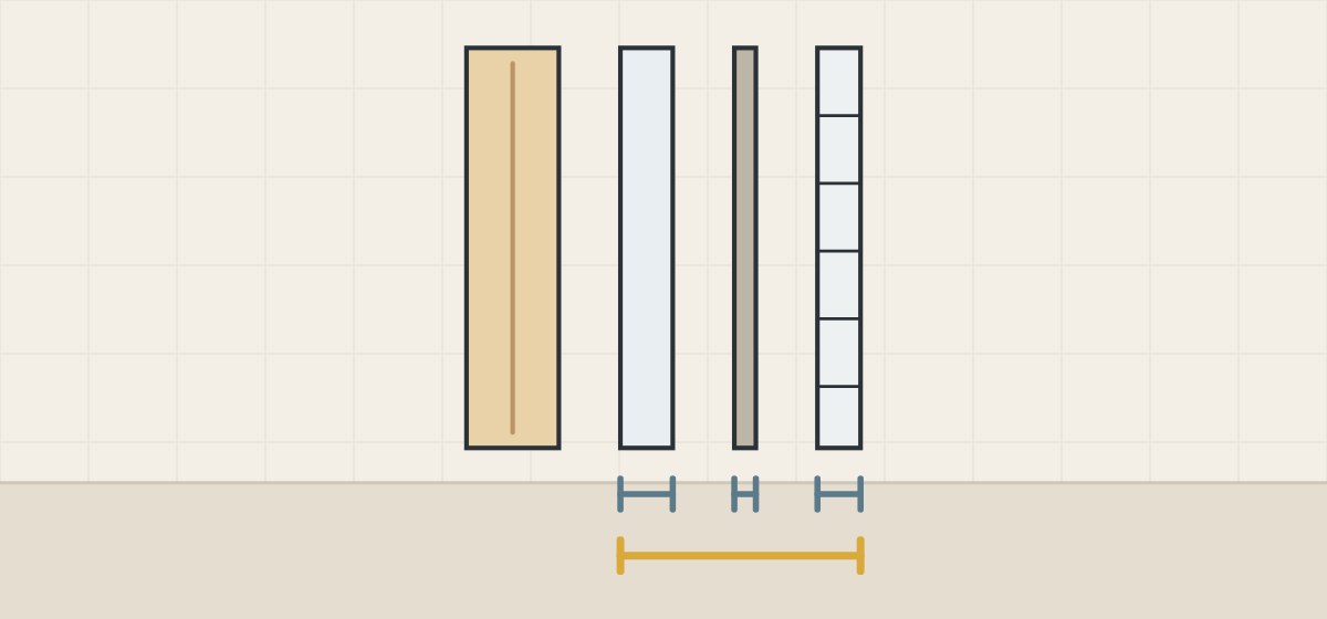 Illustration of a stud, a board, a mortar layer and a tile drawn apart with a bracket under each layer and one under all three