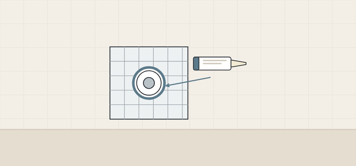 Illustration of a tiled wall with a round opening ringed by sealant, beside a sealant cartridge